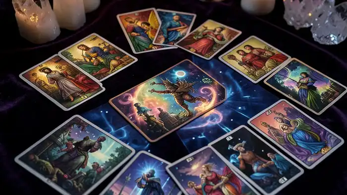 Расклад Таро "хоровод" на финансовый рост — схема позиций с картами и центральной точкой потока