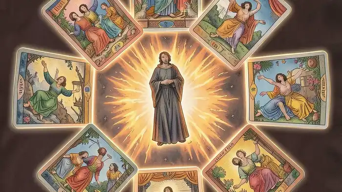 Расклад Таро "хоровод" на интроверсию: семь карт в круге, символизирующие паттерны замкнутости и внутренней силы