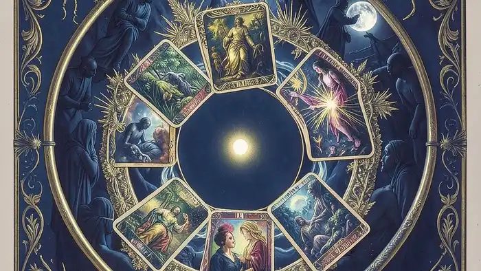 Расклад Таро "хоровод" на кармический долг — схема из семи позиций с центральной точкой души