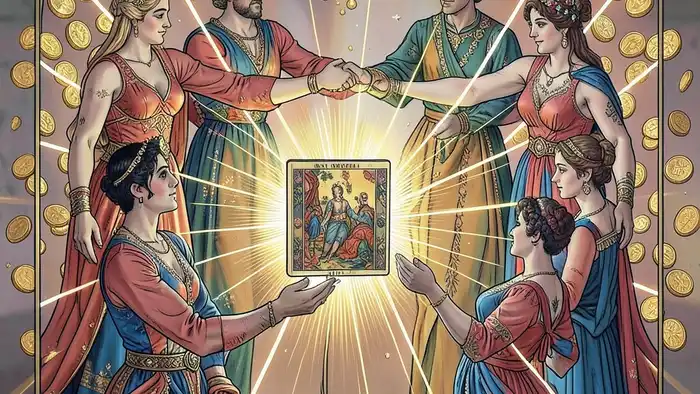 Расклад Таро "хоровод" на материальную помощь — схема семи позиций с картами и символами поддержки