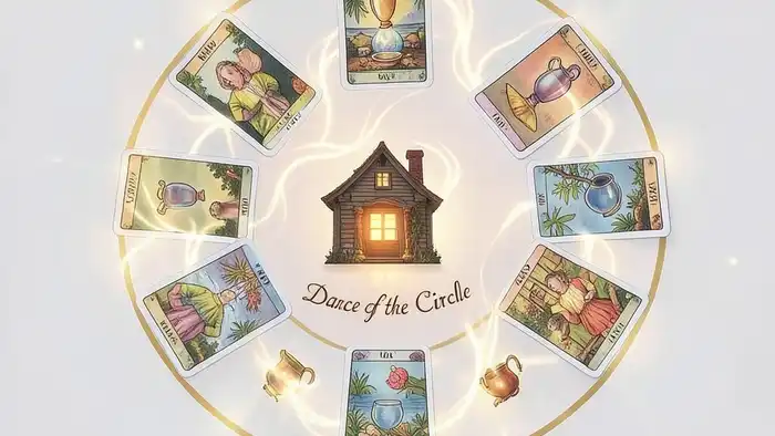 Расклад Таро "хоровод" на продажу квартиры — схема из 12 карт, расположенных по кругу, с изображением дома в центре