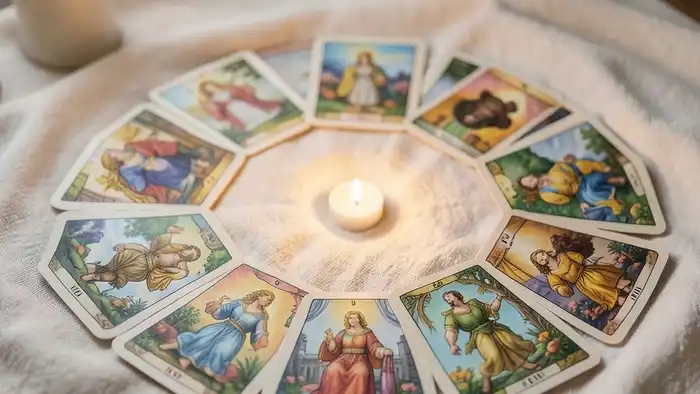 Расклад Таро «хоровод» на реабилитацию – изображение круга карт в мягком свете