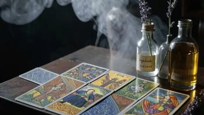 расклад таро и ароматерапия — эфирные масла и карты Таро на столе