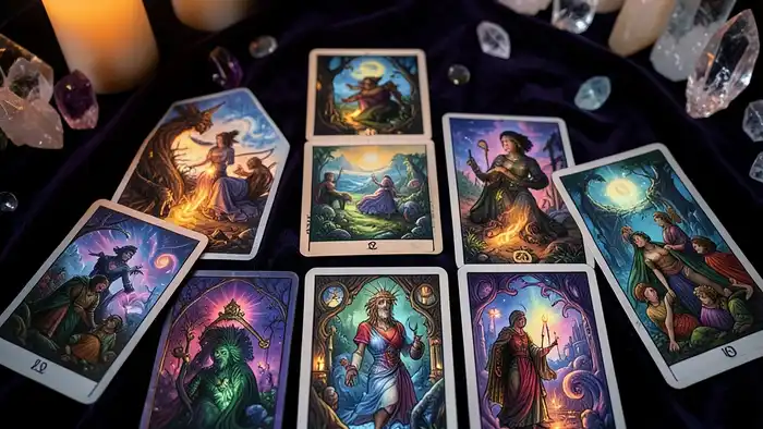 Расклад Таро ИИ — Кельтский крест с цифровыми потоками и традиционными картами