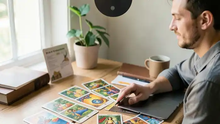 Расклад Таро «инь-ян» на фриланс – изображение рабочего места с колодой карт в виде символа инь-ян