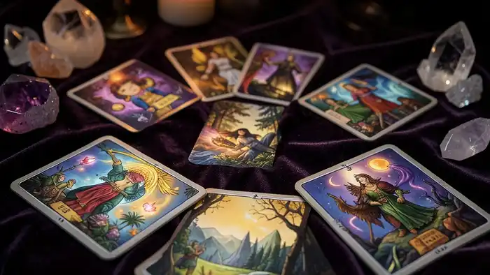 Расклад Таро "инь-ян" на пол ребенка: семь карт с энергетическими символами на фоне свечи