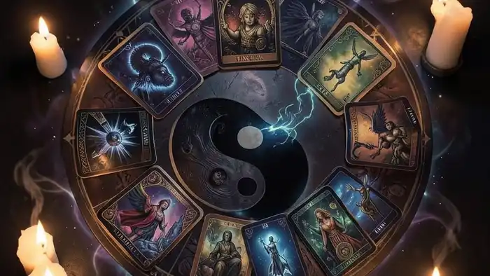 Ра��клад Таро инь-��н на проклятие, символ Инь‑Ян, карты и свечи
