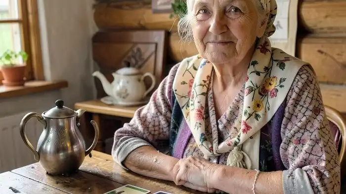 Расклад Таро "карта дня" на бабушку — четыре карты на столе перед пожилой женщиной в тёплом доме