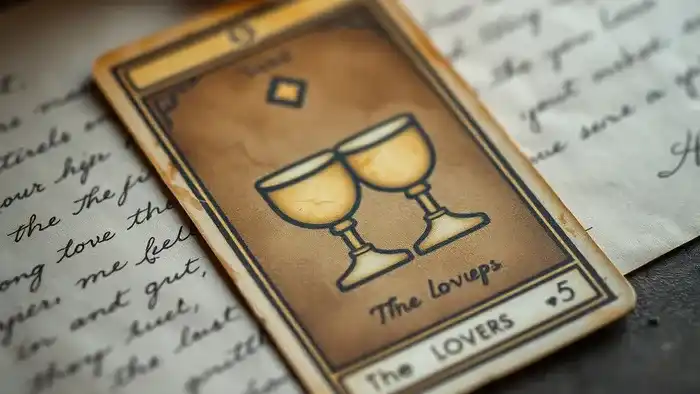 Расклад Таро Карта дня на первую любовь — старая карта Таро на фоне памятных вещей, символизирующих анализ прошлых чувств