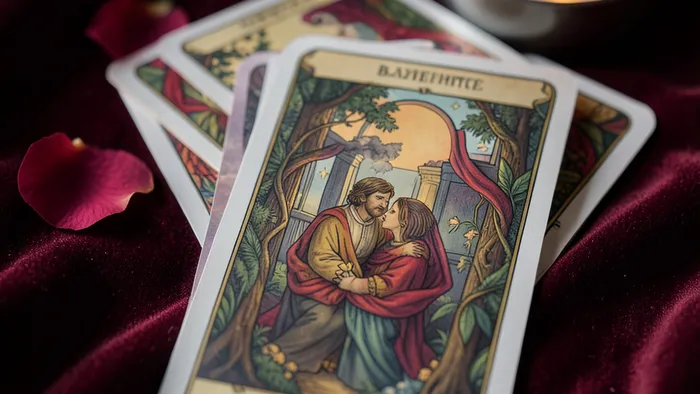Расклад Таро карта дня на романтику — вытянутая карта Влюбленные на фоне колоды и лепестков роз