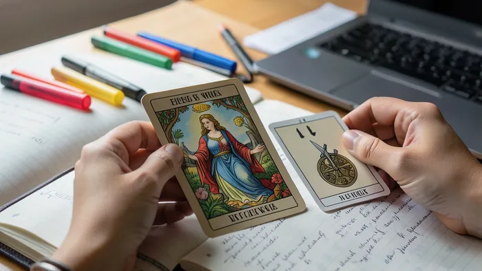 Расклад Таро Карта дня на сессию: три карты Императрица, Пятерка Мечей и Девятка Пентаклей на фоне учебных принадлежностей