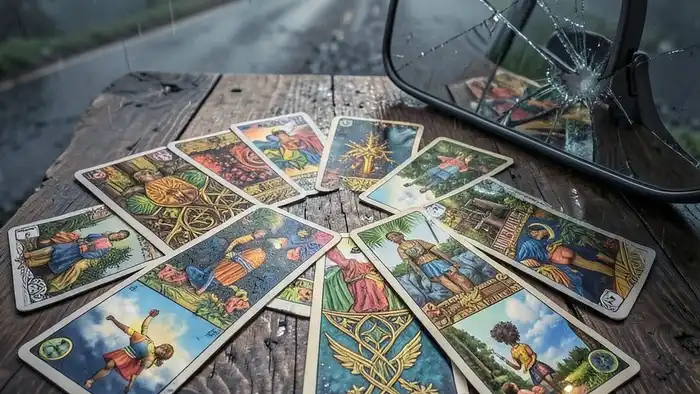 Расклад Таро "кельтский крест" на ДТП с изображением карт и разбитого зеркала