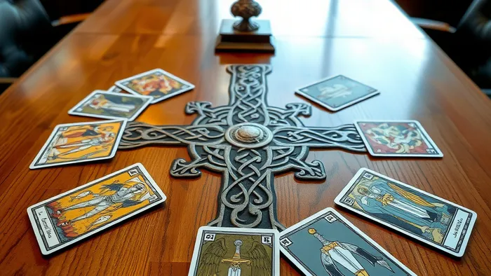 Расклад Таро Кельтский крест на конфликт на работе с картами на столе в офисе