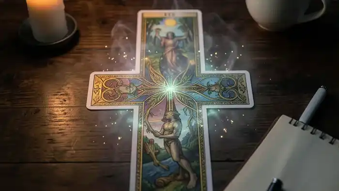 Расклад Таро Кельтский крест на мечту, выложенный на столе при свечах