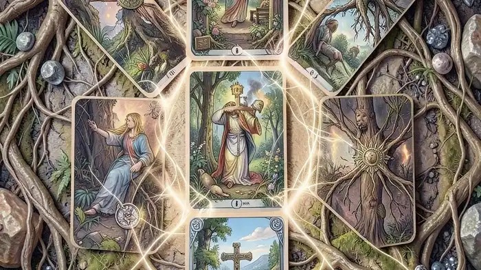 Расклад Таро "кельтский крест" на земельный вопрос — десять карт с энергетическими линиями, символами земли и древними корнями