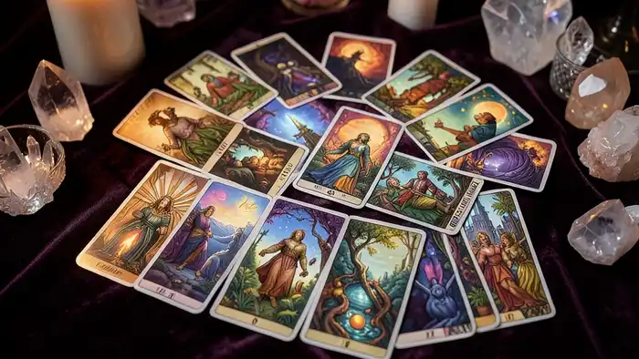 Расклад Таро "ключ" на утреннюю рутину — пять карт: Суд, Жрец, Повешенный, Влюбленные, Звезда, с лунным камнем и утренним светом