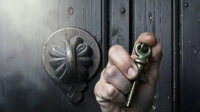 Расклад Таро "ключ" на вклад — древний замок и ключ в руке, символ скрытых блокировок и внутреннего освобождения