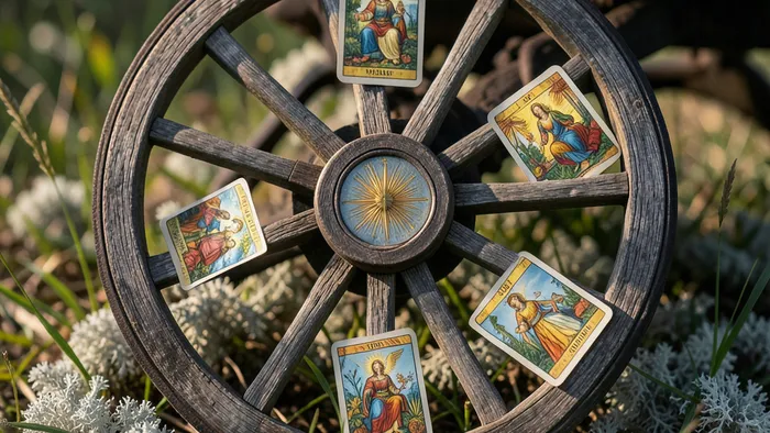 Расклад Таро Колесо Баланса: деревянное колесо с картами на спицах, символизирующее гармонию и диагностику жизненных сфер
