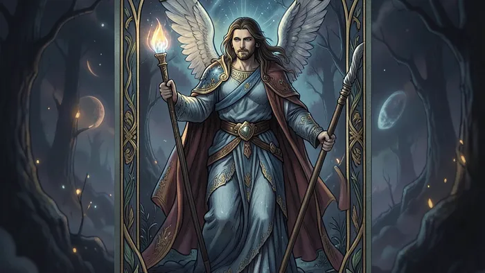 Расклад Таро Колесо баланса жизни — схематичное изображение колеса с восемью картами по кругу и одной в центре на темном фоне.