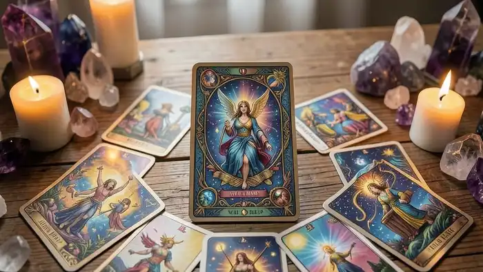 Расклад Таро «колесо баланса жизни» — изображение центральной карты и восьми окружающих, символизирующих кармический урок