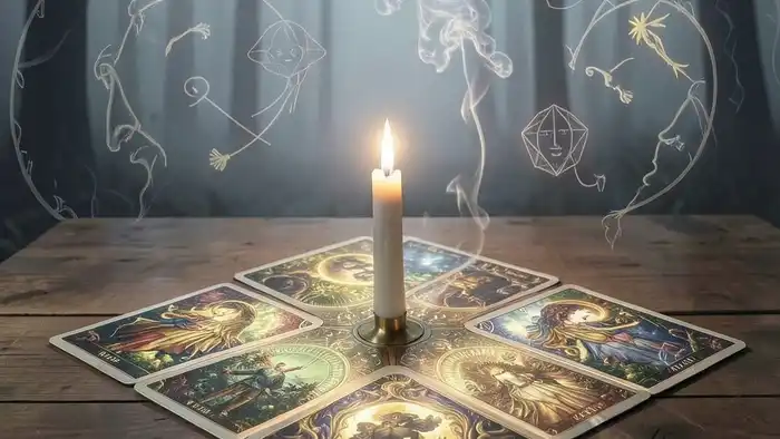 Расклад Таро "колесо баланса жизни" на курение с восемью картами в виде звезды, свечой и дымом