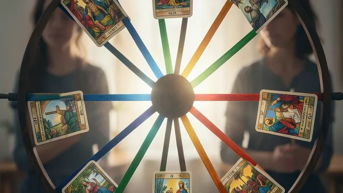 Расклад Таро Колесо баланса жизни на охлаждение чувств — схематичное изображение колеса с картами и символами отношений