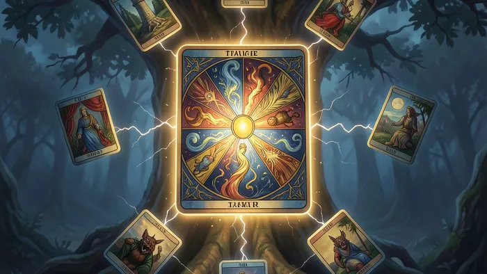 Расклад Таро Колесо баланса жизни на родовое проклятие — схематичное изображение карт в круге с энергетическими связями