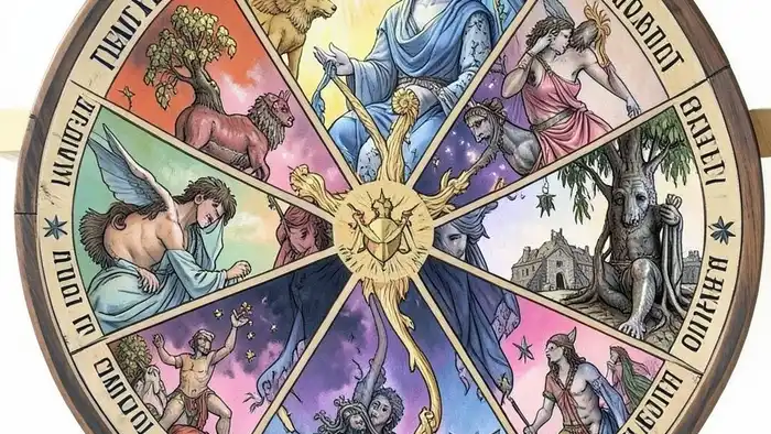 Расклад Таро "колесо баланса жизни" на счастливый случай — схема из семи позиций с арканами