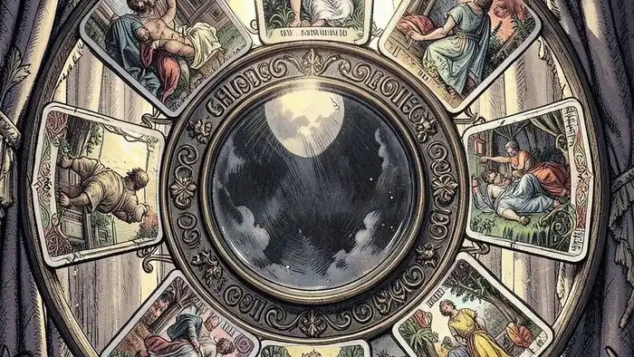 Расклад Таро "колесо баланса жизни" на утреннюю рутину — схема из семи позиций с символами сфер