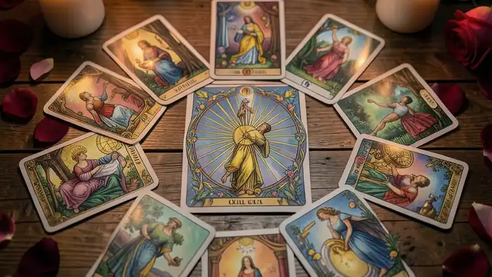 Расклад Таро «колесо фортуны» на помолвку – карта колеса фортуны в центре, романтическая атмосфера