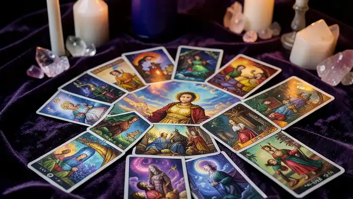 Расклад Таро "колесо фортуны" на популярность — схема из семи позиций с символами архетипов