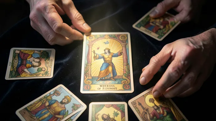 Расклад Таро Колесо Фортуны на порчу — схема из семи карт на темной ткани