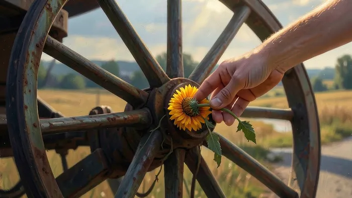 Расклад Таро Колесо Фортуны на прощение: символическое изображение освобождения от обиды как застрявшего в колесе цветка