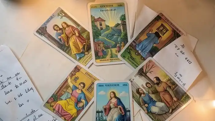 Расклад Таро "компас" на осознанность с шестью картами, выложенными в форме звезды, символизирующий внутренний путь.