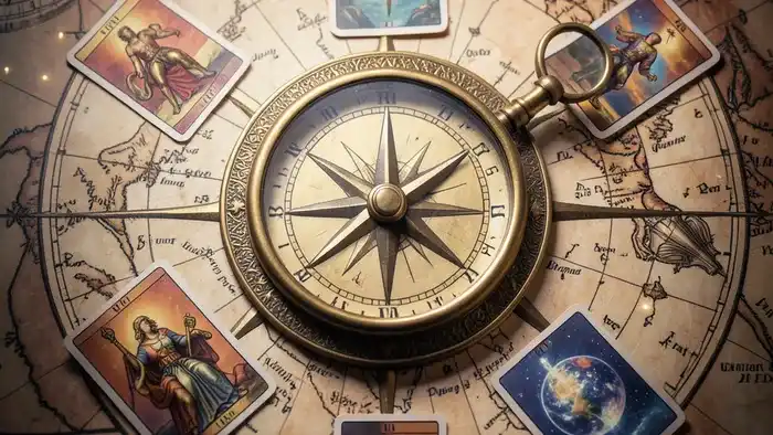 Расклад Таро Компас на поездку: старинный компас и карты на карте