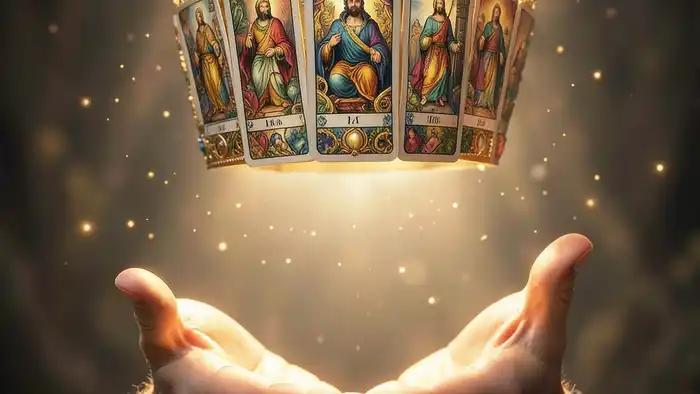 Раск��ад Таро «корона» на чувства партнёра – изображение короны из карт над двумя переплетёнными руками