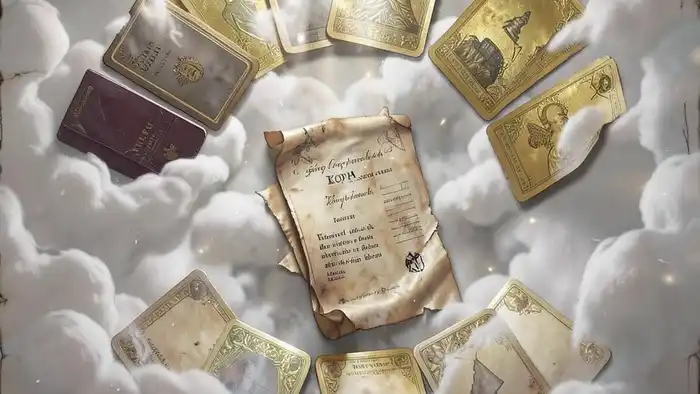 Расклад Таро "корона" на документы — схема из 9 карт в форме короны с паспортом и бумагами в центре