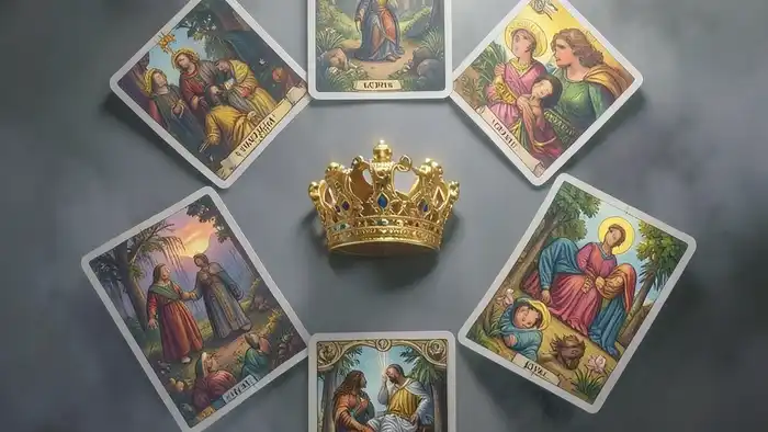 Расклад Таро "корона" на наставника — схема из семи позиций с картами и золотой короной в центре
