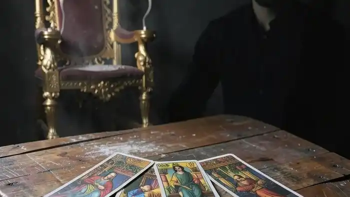 Расклад Таро "корона" на отчима: семь карт, выложенных в форме венца, символизирующих динамику власти, молчания и наследия.