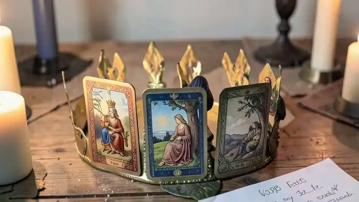 Расклад Таро "корона" на отпуск с пятью картами, выложенными в форме короны, с символическими элементами