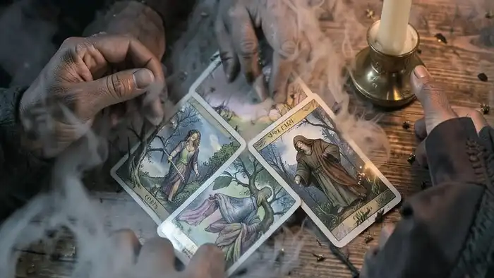 Расклад Таро "крест" что чувствует бывший: четыре карты с символами прошлого, настоящего, причины и будущего в стиле традиционного Таро Уэйта