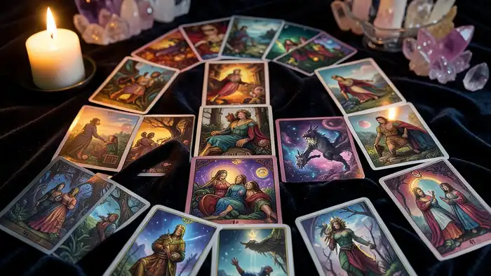 Расклад Таро "крест" на два варианта: схема из четырех и шести карт, демонстрирующая позиции текущей ситуации, скрытых причин, двух исходов, внутреннего совета и внешнего влияния.