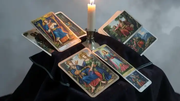 Расклад Таро "крест" на энергетику — схема позиций с картами и свечой в центре