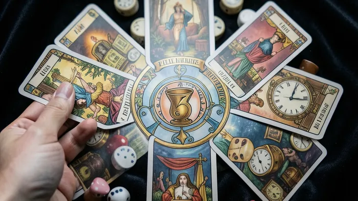 Расклад Таро Крест на игровую зависимость — пять карт, лежащих в форме креста на тёмной ткани