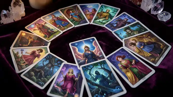 Расклад Таро "крест" на контракт с пятью картами и центральной картой Повешенный