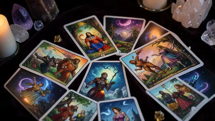 Расклад Таро "круг" на брата или сестру — восемь карт в круге с центральными силуэтами