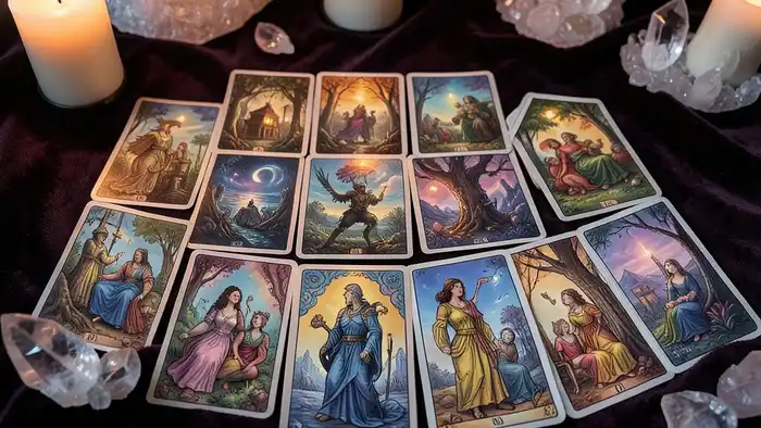 расклад таро круг на карму с восьмью картами в окружности и свечой