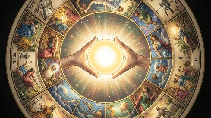 Расклад Таро Круг на менторство — схематичное изображение мандалы из карт с символами обмена между наставником и учеником