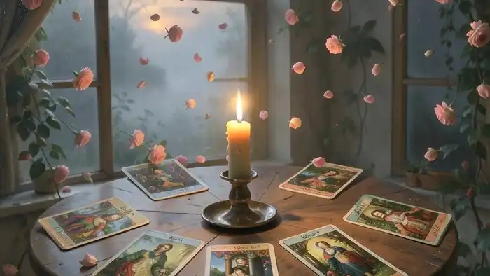 Расклад Таро "круг" на тайный роман — схема из семи карт, выложенных в круг, с центральной свечой