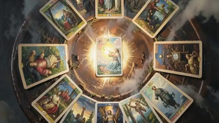 расклад Таро круг на знак свыше с восемью картами и центральной картой